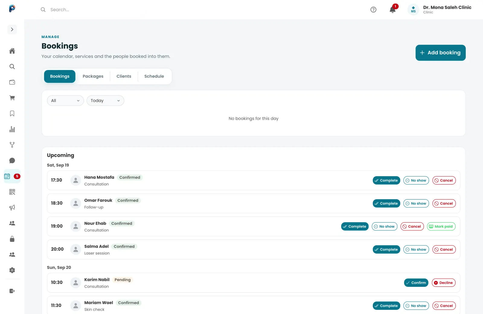 The bookings manager showing upcoming confirmed appointments