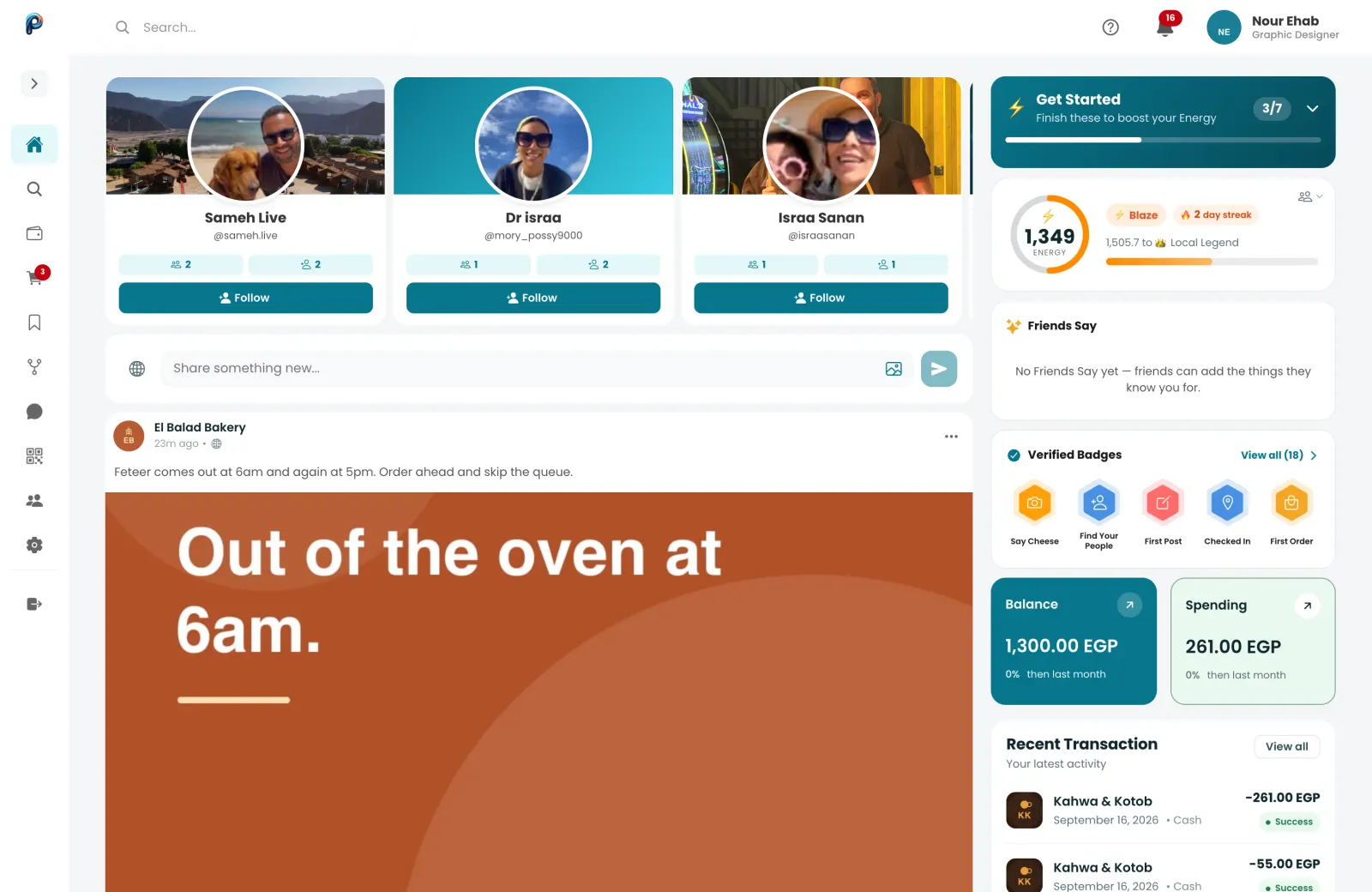 The home feed with posts and profiles from nearby places