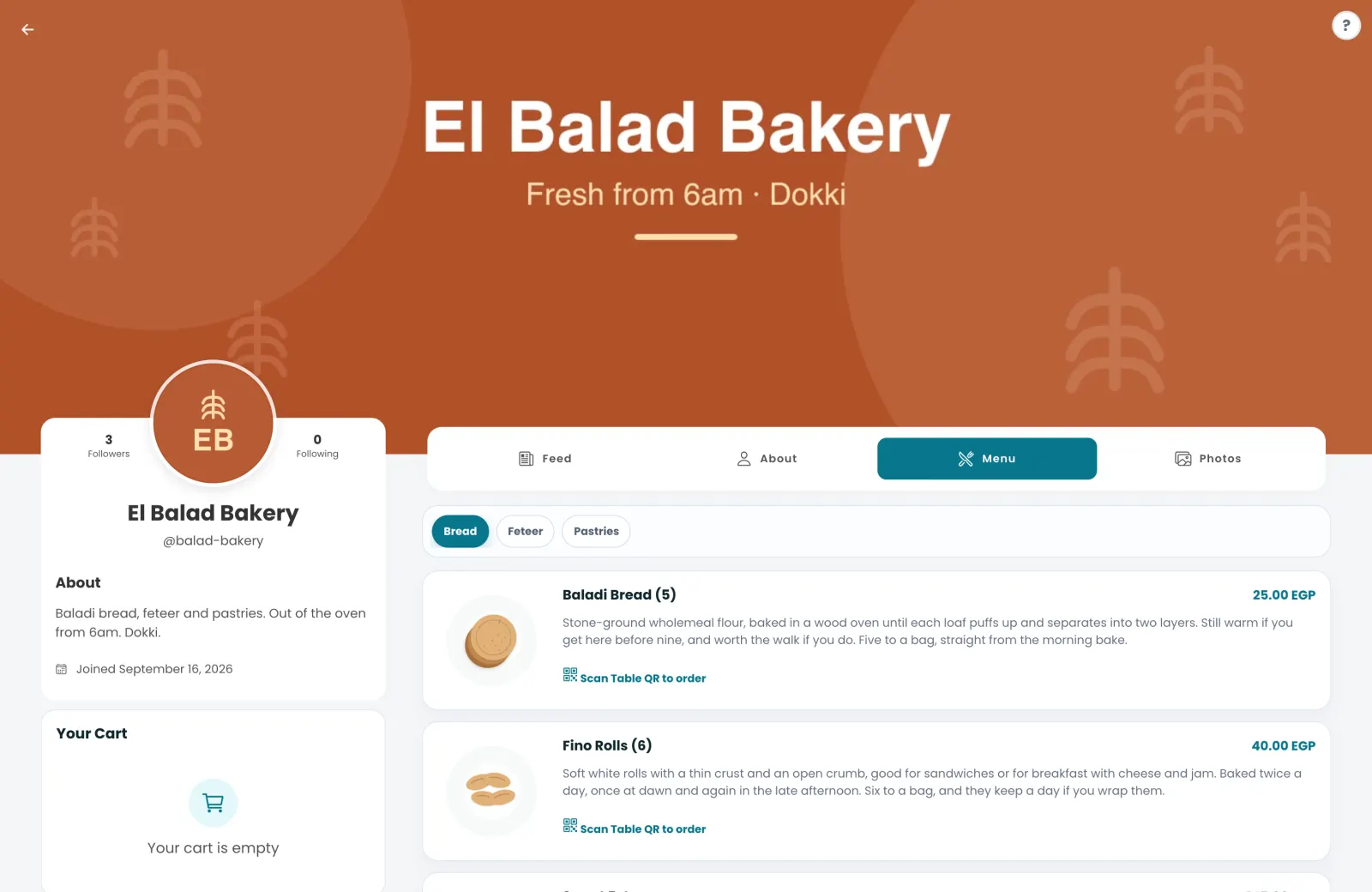 A bakery’s storefront with products, categories and prices