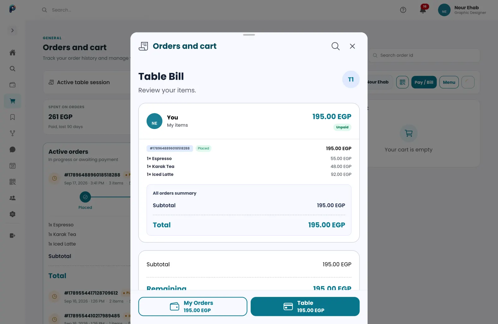A table bill showing each guest’s items and the table total