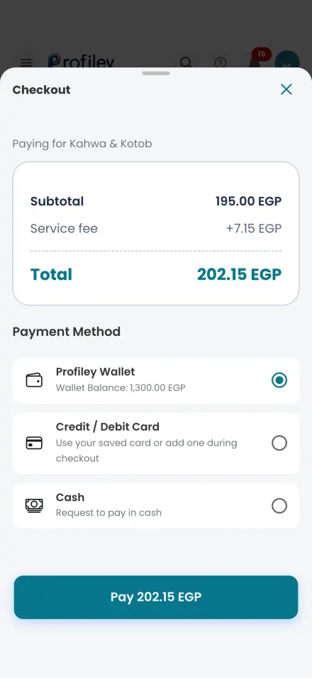 Checkout with Profiley wallet, card and cash payment options