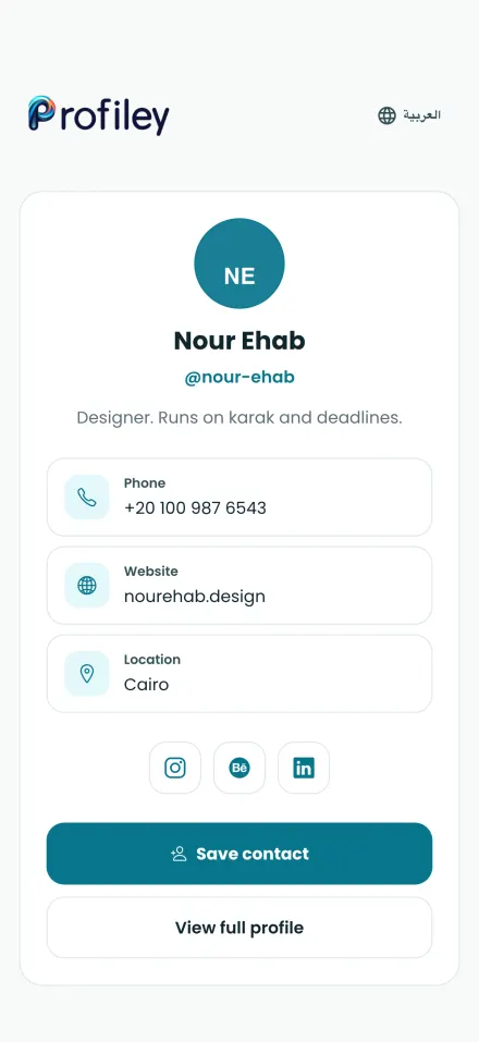 A digital contact card with phone, website and social links