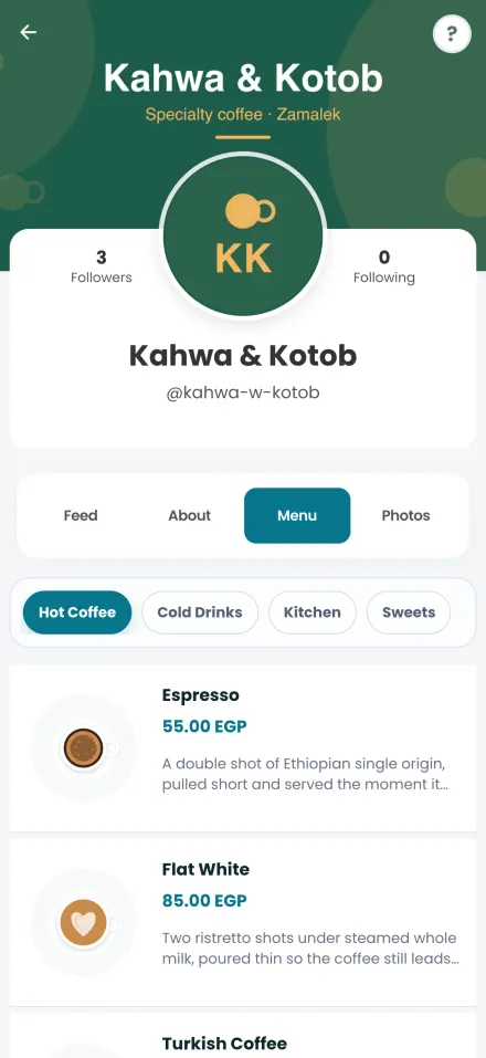 A coffee shop’s public QR menu with photos, prices and categories