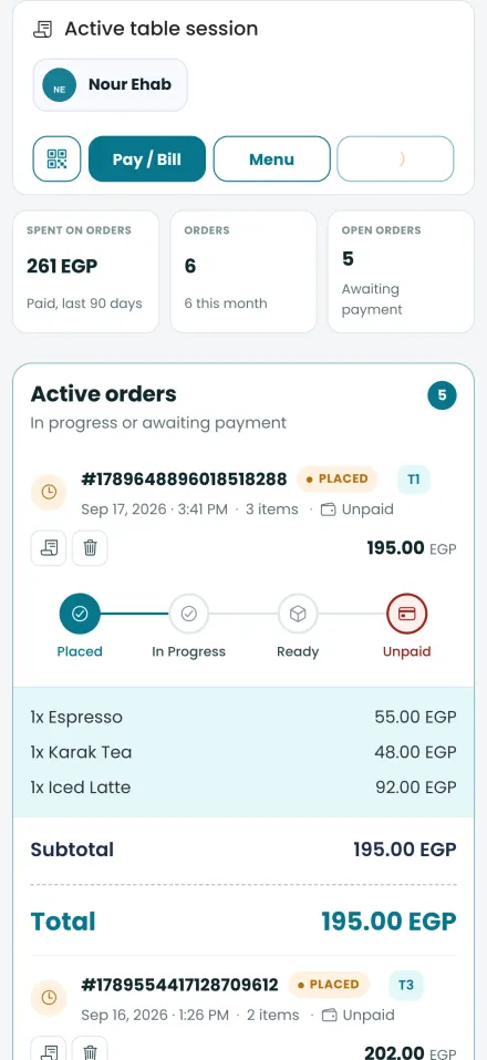 An active table session with order progress and the running total