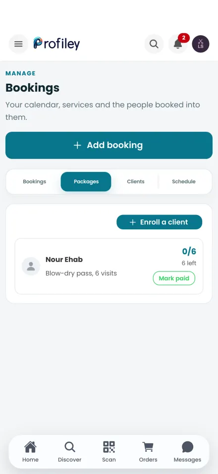 Prepaid session packages and the sessions used from each