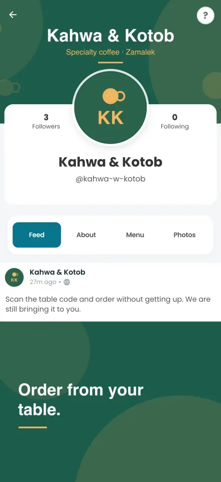 A coffee shop profile with its feed, menu and photos