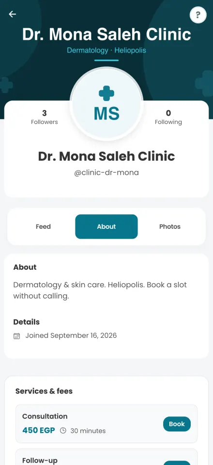 A clinic’s services with prices, durations and a Book button