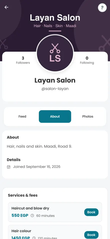 A salon’s services and fees with a Book button for each