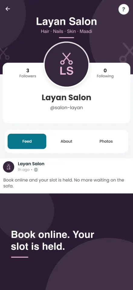 A salon profile with its posts and booking options