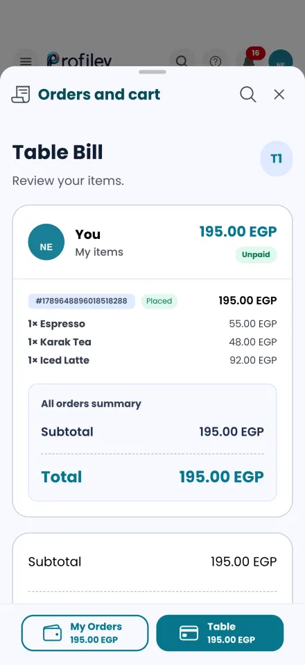 A table bill showing each guest’s items and the table total