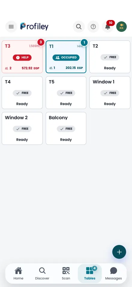 Tables screen showing each table’s live status and new order notifications